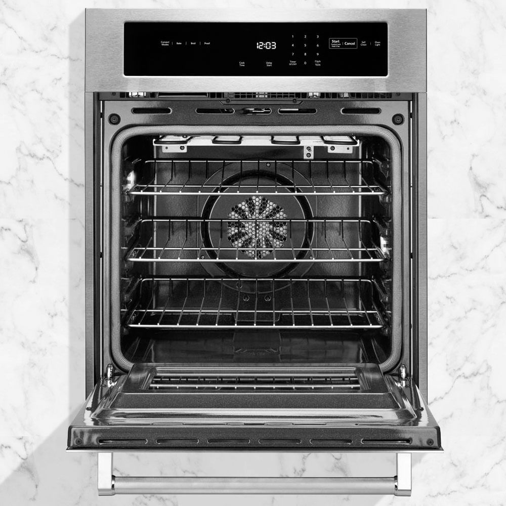 KitchenAid KOSC504ESS electric convection oven with three rack positions and configurations adaptable to cooking needs.